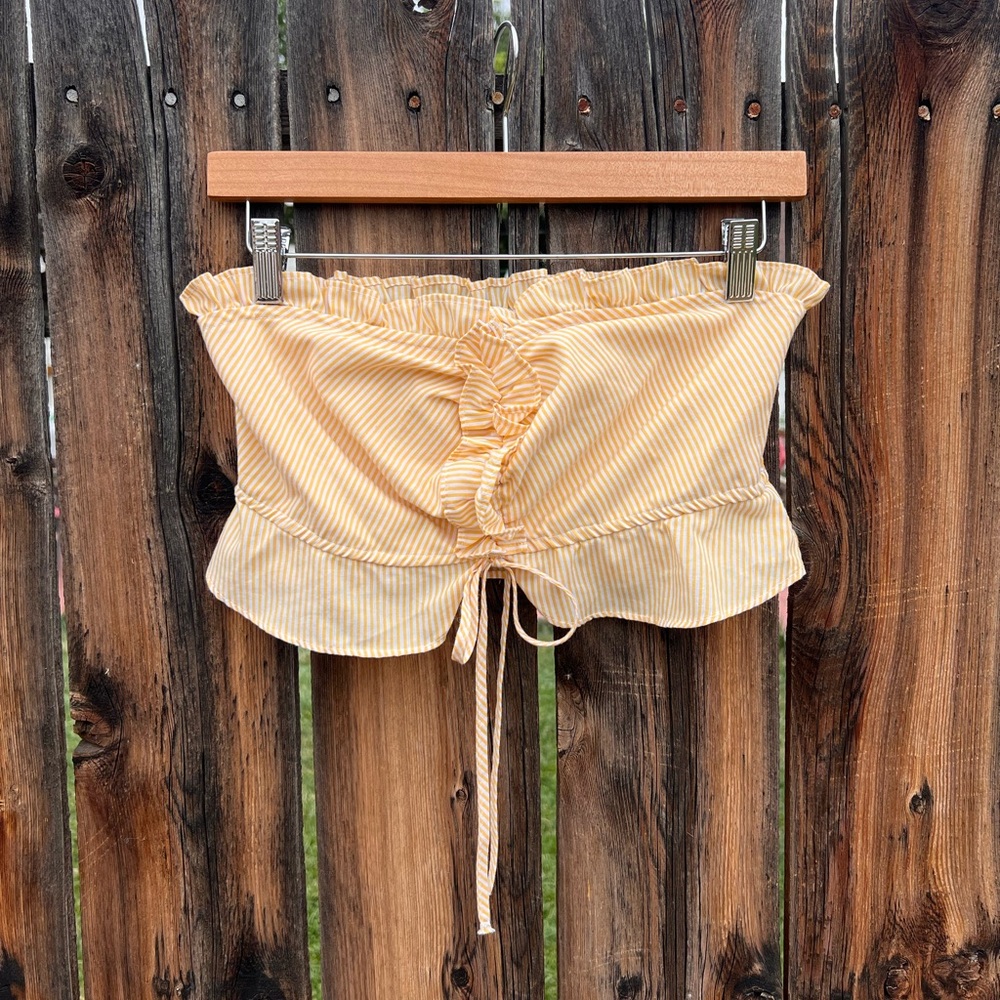 Iris Yellow White Striped Ruffle Strapless Bandeau Tube Top Cottage Summer Small